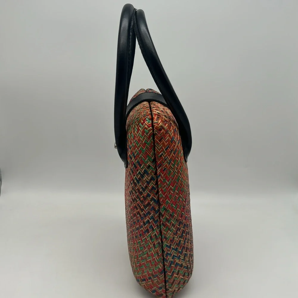 Vintage 70s Red Natural Straw Palm Leaf Rattan Rare Colorful Handbag Purse Bag - Picture 4 of 15
